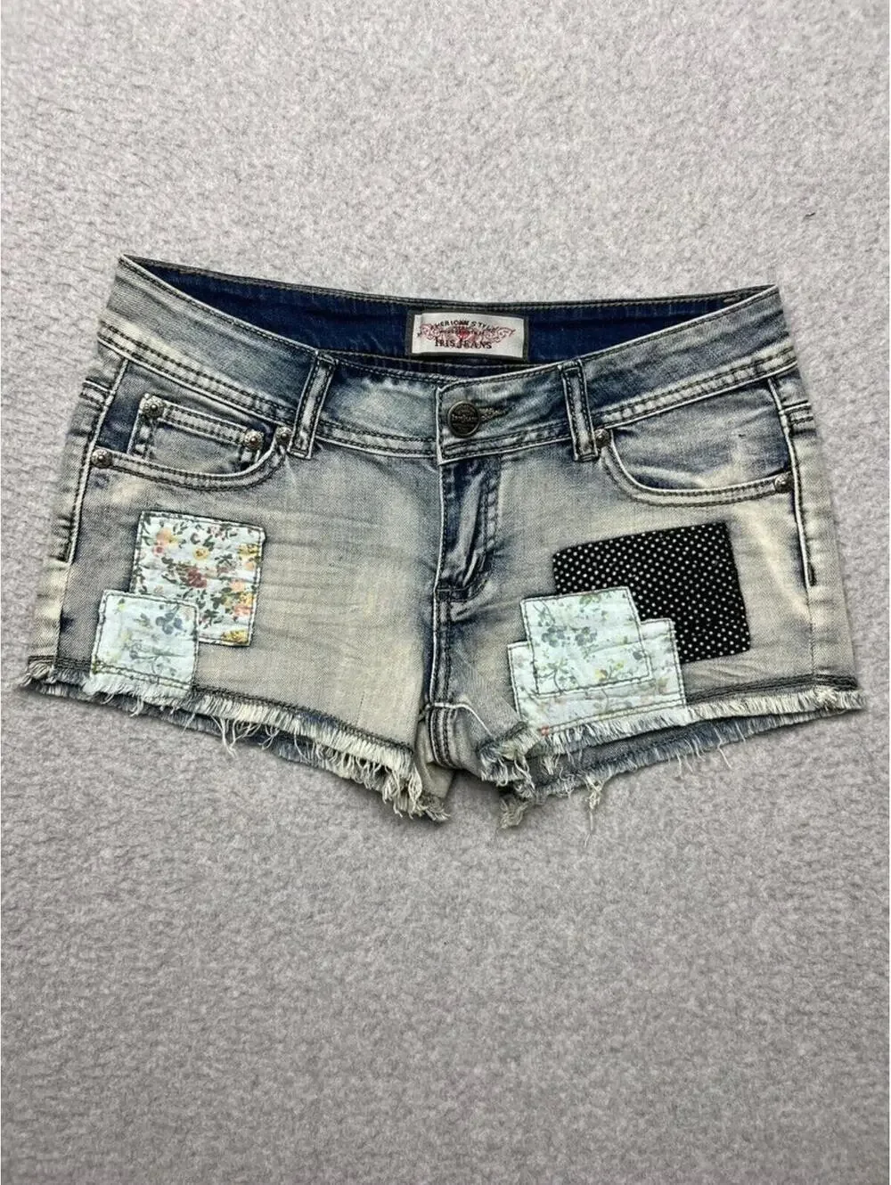 VTG Y2k 90s patchwork Micro Mini Denim Jeans Shorts S Iris Jeans Modern Vintage